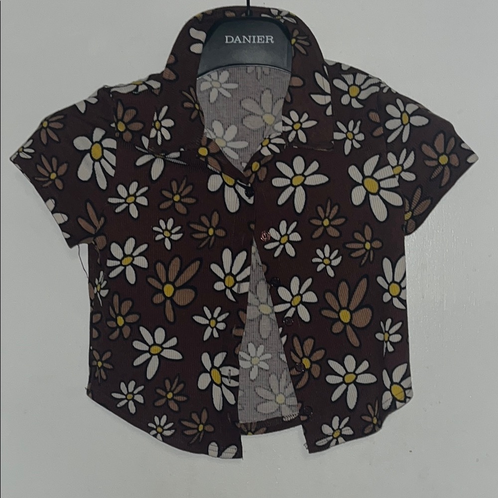Brown and White Floral Button Down Shirt Retro Vintage 70’s Style
